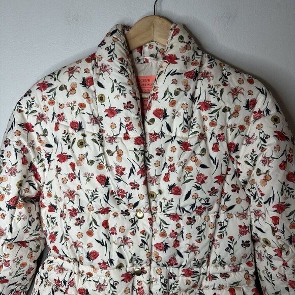 J Crew Puffer Jacket Womens XXS Cream Floral Cottagecore Grannycore Warm Boho - Picture 3 of 16